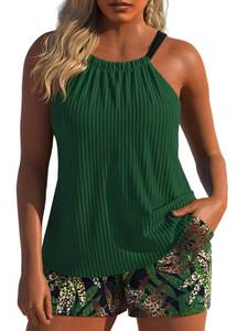 lot 2157 image: MODLILY Womens Green Floral Halter Tankini Swimsuit with Pocket Shorts XL - Retail $40