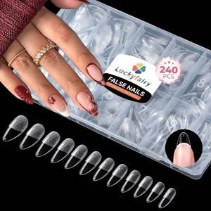 lot 2165 image: Luckyfairy Medium Almond Nail Tips, 240pcs Soft Gel Pre-Filed Acrylic Almond Fake Nails, Half Matte Full Cover Clear Press on Flase Nail Tips for Nail Extension Home DIY 12 Sizes Gelly Tips - Retail $6