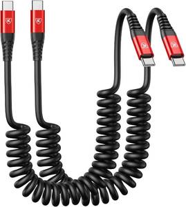 lot 40118 image: USB C to USB C Cable 6ft, 2Pack Coiled USBC Charger Cable for CarPlay