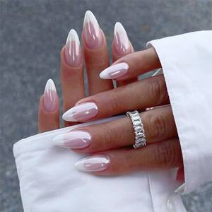 lot 40149 image: Press On Nails Almond French Tip Glue-On Nails with Chrome Design 24 Pcs