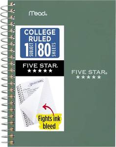 lot 40184 image: Five Star 1-Subject Spiral Notebook, College Ruled, 4-38 x 7, 80 Sheets