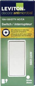 lot 40358 image: Leviton 15 Amp Decora Antimicrobical Wall Switch Single-Pole, 5601-2AW, White