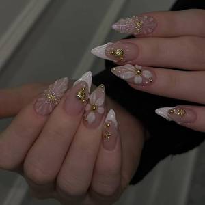 lot 40388 image: Spring Summer Press On Nails Medium Almond Flower Starfish Designs 24Pcs