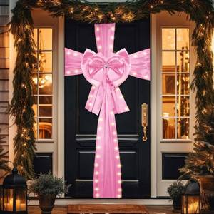 lot 40435 image: Suncalla Pink LED Front Door Bow - Large Pink Ribbon with Rhinestones, Satin