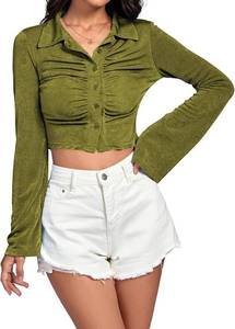 lot 40477 image: LYANER Womens Ruched Button-Down V-Neck Sleeve Crop Top Blouse Sage Green small