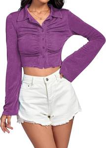 lot 40478 image: LYANER Womens Ruched Button-Down V-Neck Bell Sleeve Crop Top Purple Large