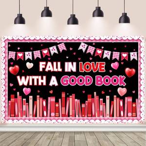 lot 40480 image: AIBIIN Valentine Backdrop - Library Book Heart Cutouts Banner 70.8 x 43.3 in