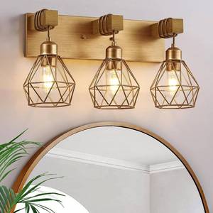 lot 6506 image: VbiTmn Bathroom Light Fixtures, 3 Light Brushed Gold Wood Vanity Lights