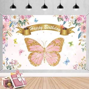lot 6521 image: Butterfly Happy Birthday Backdrop - Watercolor Girl Banner, Pink Party Decor