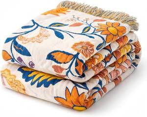 lot 6543 image: 100% Cotton Boho Throw Blanket   Farmhouse Quilt, Botanic Floral, 104x90