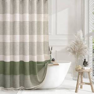 lot 6544 image: Sage Green Boho Linen Striped Shower Curtain with Tassel 72W X 72L