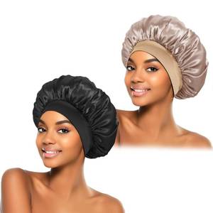 lot 6572 image: ZHENSILK 2Pcs Silk Bonnets for Sleeping, Elastic Band Sleep Cap (Black Gold)