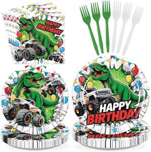 lot 6595 image: 96Pcs Dinosaur Truck Happy Birthday Decoration, Serves 24