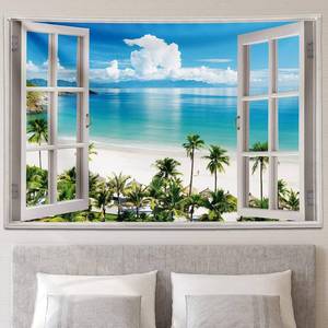 lot 6600 image: GOURIDA Ocean Beach Tapestry Wall Hanging - Blue Sea Tropic Island, 61x41 in