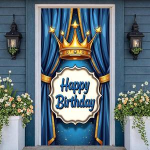lot 6602 image: Royal Prince Happy Birthday Door Banner - Blue & Gold Crown Theme Backdrop