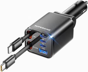 lot 6649 image: Retractable Car Charger, SUPERONE 99W Car Phone Charger with Dual Cables