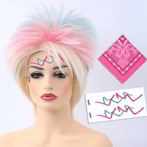 lot 6663 image: Bettecos Blonde Costume Wig with 4 Facial Graffiti Stickers PinkBlue