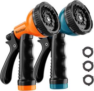 lot 6671 image: Besiter Garden Hose Nozzle Sprayer, 2 Pack, 10 Patterns, Heavy-Duty