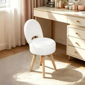 lot 6682 image: Vanity Stool with Storage & Folding Back - Round Faux Fur, White 4 Wood Legs