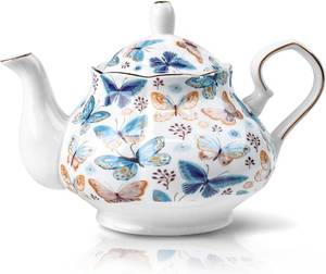 lot 6691 image: 33.8 oz Porcelain Teapot with Floral Design, Gold Trim (Butterfly)
