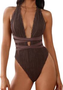 lot 6718 image: ZAFUL Women One Piece Swimsuit Deep V Neck Ribbed High Cut Bathing Suit