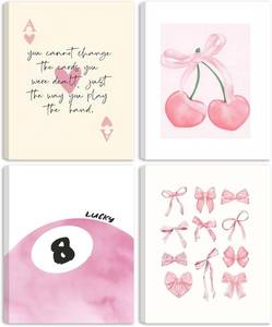 lot 6759 image: SEHSUVC Pink Coquette Y2K Lucky Wall Art 4-pack, Prints, Cherry Bows 8x10in