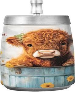 lot 6775 image: Highland Cow Daisies Ashtray with Lid, Outdoor Stainless Steel Odorless