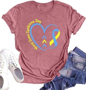 lot 6821 image: Down Syndrome Awareness Shirt for Women, Ribbon Love Heart Graphic T-Shirts Pink
