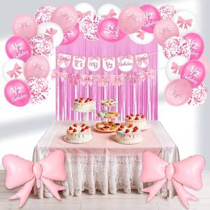 lot 6827 image: Pink Bow 12 Birthday Decor Set for 6mo Baby Girl Balloons, Fringe, Banner