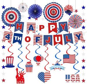 lot 6892 image: 4th of July Decorations Set Banner, Red White Blue Fans, Star Garland