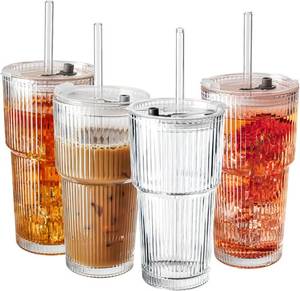 lot 6907 image: SUROQUE 20oz Ribbed Glass Tumblers with Lids & Straws   Cleaning Brush