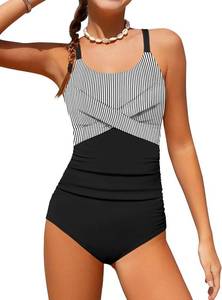lot 6936 image: WIQI Girls Swimsuit One Piece Ruched Stripe Color-Block Tie-Back Size 8-10