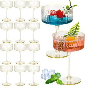 lot 6976 image: Jingmore 12 Pcs Ribbed Martini Glasses, 10 oz Disposable Plastic, Gold Rim