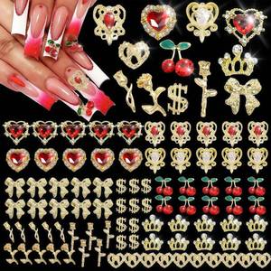 lot 6997 image: 85 Pcs 3D Gold Nail Charms Nail Art Decor Set with Heart, Cherry, Rose Gems