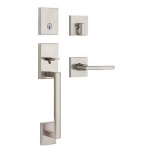 lot 5976 image: Kwikset San Clemente 818 Series  Satin Nickel  Steel  SmartKey Door Handle Set with Deadbolt  Lever - Retail $0