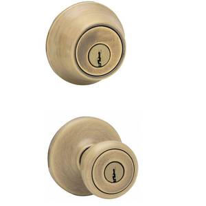lot 5978 image: Kwikset Tylo Antique Brass Entry Lock and Double Cylinder Deadbolt ANSIBHMA Grade 3 1-34 (unknown on key) - Retail $0
