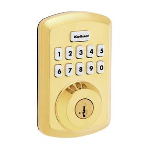 lot 6016 image: Kwikset Powerbolt Polished Brass Zinc Electronic Deadbolt - Retail $105