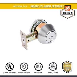lot 6046 image: Industrial Duty Commercial Single Cylinder Deadbolt, UL 3-Hour Fire ANSI Grade 1, Satin Chrome Finish - Retail $64