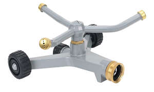 lot 6152 image: STYDDI Metal Rotating Water Sprinkler for Lawn, Heavy Duty Metal 3-Arms Whirling 360 Degree Automatic Rotary Sprinkler with Wheeled Base for Small Areas, Garden, Yard, Cover up to 1,384 Sq. ft. - Retail $29
