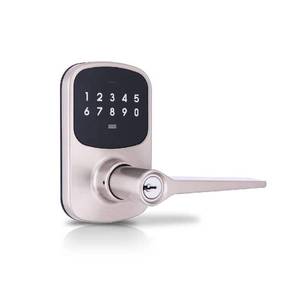 lot 6201 image: Compact Touch Satin Nickel Electronic Touchpad Keyed Entry Door Handle with Freedom Style Lever - Retail $70