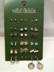 lot 119 image: Butterfly Bows and Hearts with Turquoise Howlite Earring Set 16pc - Wild Fable SilverTurquoise Post, Clip-In Clasp, Recycled Zinc - Retail $15