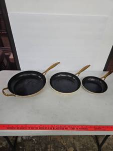 lot 1039 image: Green Pan 3-Piece Cookware Set with Magnetop Induction Technology 12 10.5 & 8 Skillets Brass Handles