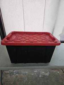 lot 1065 image: HDX Tough Tote 27 Gallon Storage Container Red Lid Black Base
