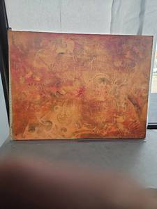 lot 1070 image: Abstract Textured Painting Orange Red Tones Ornamental Design by Sarah Leslie COA 358 of 950