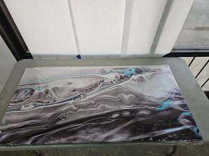 lot 1072 image: Abstract Fluid Art Canvas Print with Turquoise and Gray Swirl Design New 48x23.5