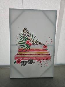 lot 1075 image: Framed Wall Art Print Leopard Shoe Books Flowers Fashion Illustration 30x20