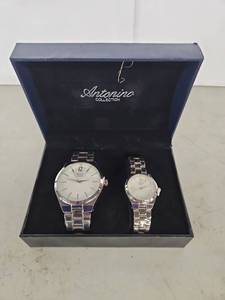 lot 1091 image: Antonino Collection 2-Watch Set Stainless Steel Bracelet His and Hers Appears New