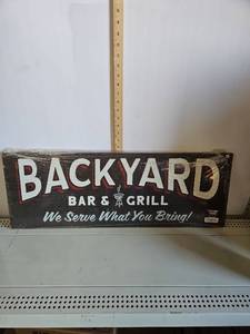 lot 1114 image: Open Road Brands Backyard Bar & Grill Wood Sign Weather-Resistant 31x12 NEW SEALED