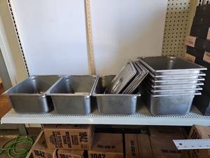 lot 1132 image: Lot of 9 Vollrath Stainless Steel Hotel Pans 2975VS Item 7512G NSF with Lids