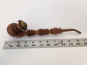 lot 2002 image: Wooden Turned Pipe with Brass Hinged Cap Approximately 10 inches